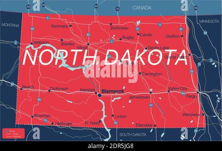 North Dacota state detailed editable map with cities and towns, geographic sites, roads, railways, interstates and U.S. highways. Vector EPS-10 file, Stock Vector