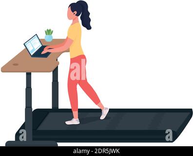 Woman working at treadmill workstation flat color vector faceless character. Manager at laptop. Cardio training at workplace isolated cartoon illustra Stock Vector