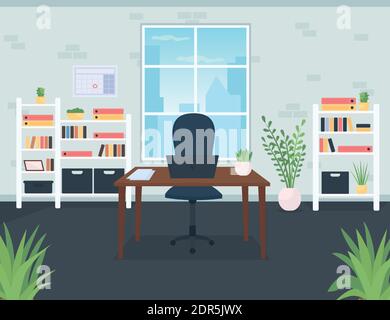 Businessman office flat color vector illustration. Desk with laptop. Chair for company CEO. Contemporary workplace for employee. Coworking space 2D ca Stock Vector