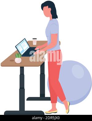 Woman working at standing desk flat color vector faceless character. Healthy lifestyle for employee. Workout at workplace isolated cartoon illustratio Stock Vector