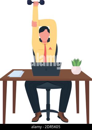 Man working out at workplace flat color vector faceless character. Office gym. Healthy employee. Exercise at desk isolated cartoon illustration for we Stock Vector