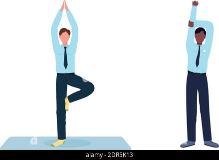 Employee exercising during work break flat color vector faceless character set. Workplace at workstation isolated cartoon illustration for web graphic Stock Vector