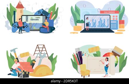 Popular jobs flat concept vector illustration set. Handyman. Interior designer. Accountant, game developer. Freelance work 2D cartoon character for we Stock Vector