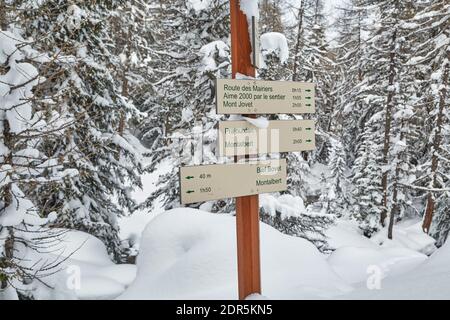 Winter Snowy Mountain Hiking Signs Stock Photo