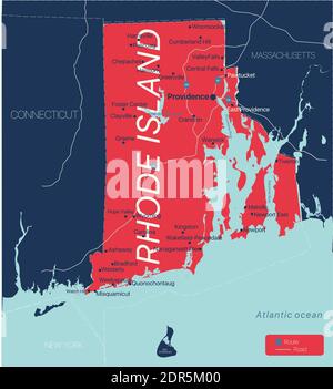 Rhode Island state detailed editable map with cities and towns, geographic sites, roads, railways, interstates and U.S. highways. Vector EPS-10 file, Stock Vector