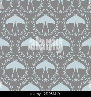 Blue butterfly. Floral grey branches. Damask leaves vector pattern. Vector illustration Stock Vector
