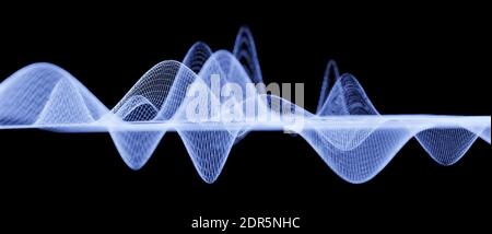 Modern abstract wireframe grid structure, virtual background, audio soundwaves, science or data concept, sound wave visualization, cgi 3D rendering Stock Photo