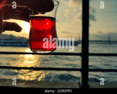 Turkish tea at sunset Stock Photo