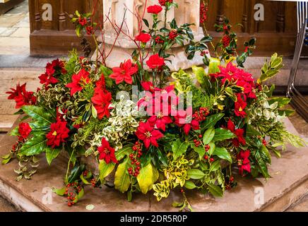 Christmas flower display at All Saints Church in East Budleigh. Stock Photo