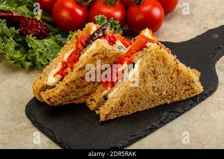 Vegetarian Club sandwich with eggplant and cheese Stock Photo