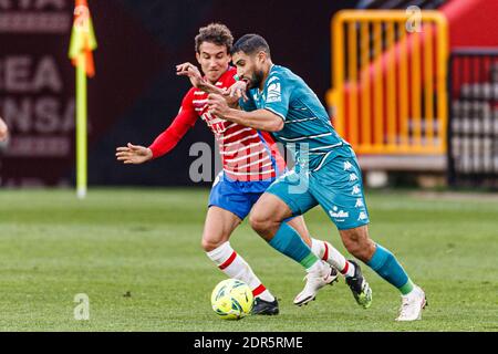Granada, Spain. 20 Dec, 2020. Nabil Fekir of Real Betis (R) fights for the ball with Luis Milla of Granada (L) during the La Liga match between Granada CF and Real Betis at Nuevo Estadio de Los C‡rmenes on December 20, 2020 in Granada, Spain.Photo by Eurasia Sport Images / Alamy Stock Photo
