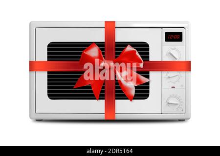 The electric Microwave oven gift tied red bow on a white background. It is isolated, the worker of paths is present. Stock Photo