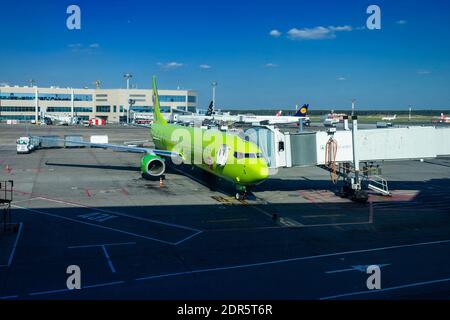 Moscow, Russia - August 10, 2019: green airline plane S7 at the airport Domodedovo Stock Photo