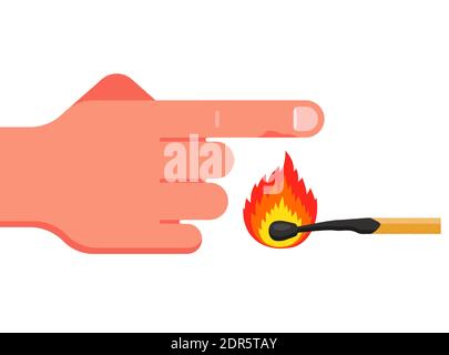 burn your index finger with a burning match. flat vector illustration isolated on white background. Stock Vector