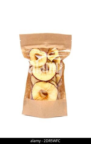 Apple chips in paper packaging isolated on a white background close up Stock Photo