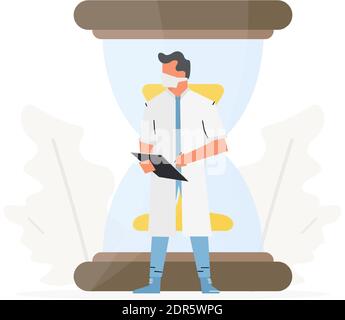 The doctor stands in front of a large hourglass. Ambulance medicine professionals concept vector illustration. Stock Vector