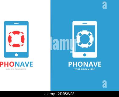 Vector lifebuoy and phone logo combination. Unique lifeboat and device logotype design template Stock Vector