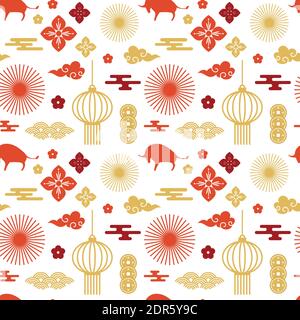 Chinese abstract seamless pattern vector. Illustration of traditional ornament and oriental background. happy new year , yar of the ox. oriental Stock Vector