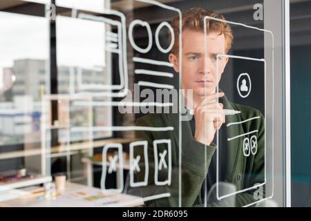 Young pensive male software developer keeping hand by chin while standing in front of noticeboard and looking at sketches of mobile app Stock Photo