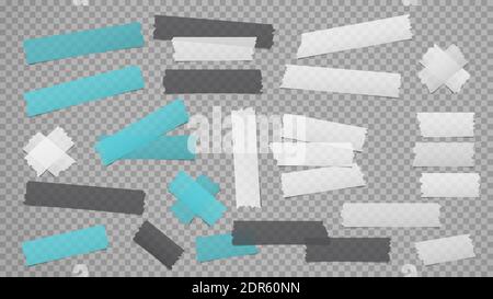 White, blue, black different size adhesive, sticky, masking, duct tape, paper pieces are on dark transparent, squared background Stock Vector