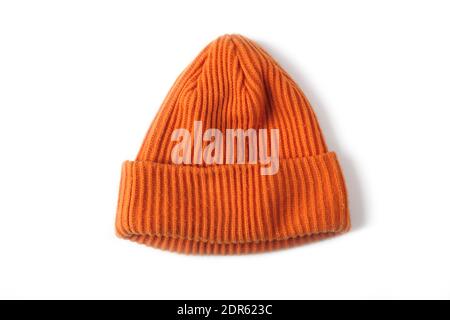 Orange wool knitted hat isolated on white background Stock Photo