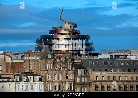 W Edinburgh Hotel in the St James Quarter rising above the Royal British Hotel and other properties on Princes Street, Edinburgh, Scotland, UK. Stock Photo