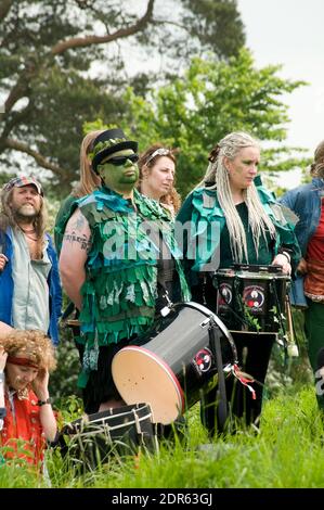 Drummers At The Beltane Festival Where Folk Dressed In Costume Dance Praise & Worship Fertility & Abundance In Glastonbury Somerset England UK Stock Photo