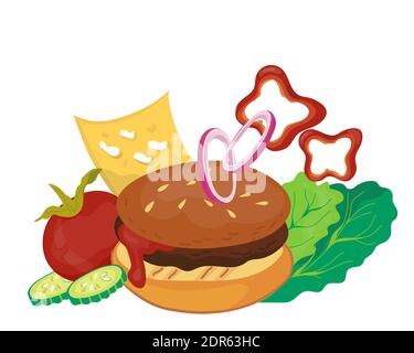 Burger or hamburger with vegetables and slice of cheese, flat style vector illustration isolated. Stock Vector