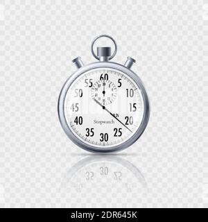 Stopwatch in realistic style with reflection isolated on transparent background. Classic metal stopwatch. Vector Stock Vector