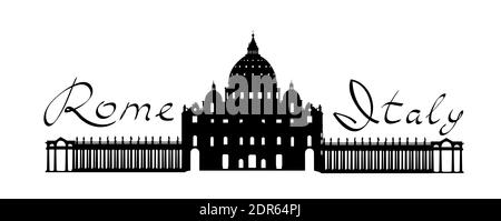 Rome travel landark San Peter Cathedral. Italian famous place San Pietro square silhouette icon with handwritten Lettering Rome Italy and italian flag Stock Vector