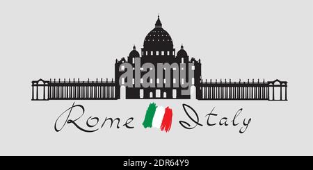 Rome travel landark San Peter Cathedral. Italian famous place San Pietro square silhouette icon with handwritten Lettering Rome Italy and italian flag Stock Vector