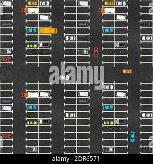 Top view of parking with lots of realistic glossy cars on asphalt, seamless pattern Stock Vector