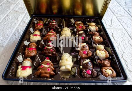 An open box of chocolates . A box of Christmas candies. Stock Photo
