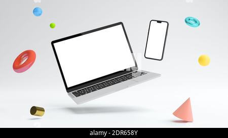Mockup of notebook and phone floating surrounded by geometric objects. Blank screen template to insert your design Stock Photo