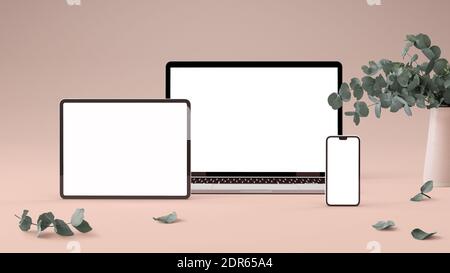 Minimalist mockup of notebook, tablet and phone with eucalyptus leaves. Elegant devices template concept Stock Photo