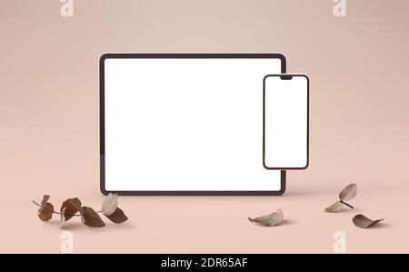 Tablet and phone elegant mockup with eucalyptus leaves. Minimalist electronic devices template concept Stock Photo