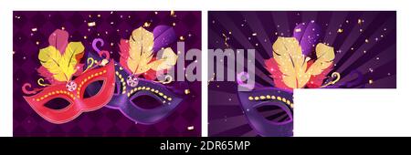 Carnaval Background set.Traditional mask with feathers and confetti for fesival, masquerade, parade.Template for design invitation,flyer, poster Stock Vector