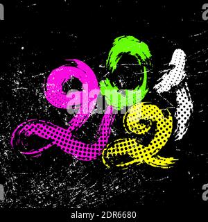 Handdrawn in paint grunge neon Numbers 2021. Chinese calligraphy. Stock Vector