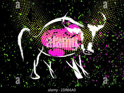 Chinese new year 2021 grunge neon background. Abstract ox, bull, taurus. Stock Vector