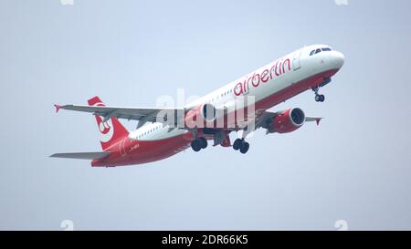 MUNICH, GERMANY - 11 OCTOBER 2015: Passenger plane of Air Berlin low-cost airline touching down runway at Munich international airport MUC Stock Photo