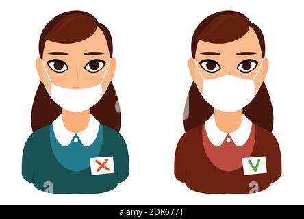 incorrect and correct wearing of the mask - poster. covid 19. reception girl at the front desk, employee Stock Vector