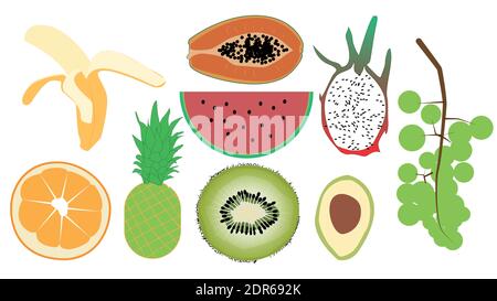 Set of fruits, dragon fruit, banana, avocado, lemon, grapes, watermelon, papaya, kiwi, pineapple vector illustations Stock Vector