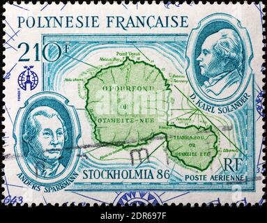 Ancient map of Tahiti on polynesian postage stamp Stock Photo