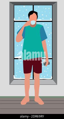 Self isolation stay at home new normal man standing and drinking coffee in home vector illustration Stock Vector