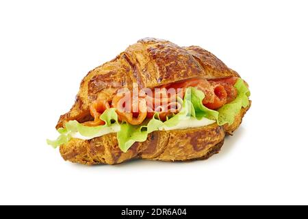 Croissant with salmon and cream cheese on white Stock Photo