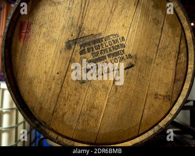 beer aging in wooden barrel in small craft brewery Stock Photo