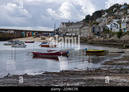 Mousehole fishing village Harbour in Cornwall on an overcast summer’s day