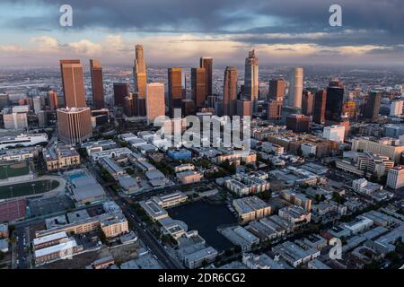 Dusk aerial of downtown Los Angeles, California with stormy sky. Stock Photo