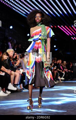 A model displays a creation by designer Manish Arora for Paco Rabanne ...