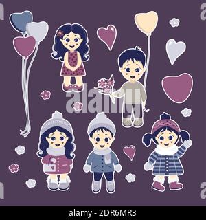 A set of stickers. Lovely children - boys and girls in winter and summer clothes. Items - balloons, flowers, hearts and daisies. Vector illustration Stock Vector